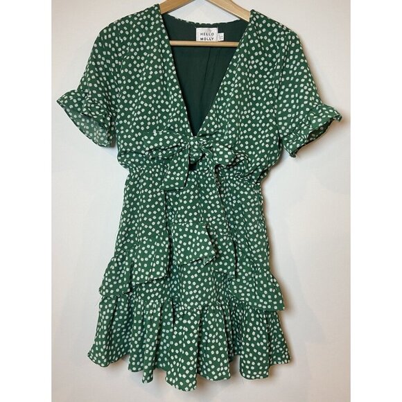 Hello Molly Dress Ruffle Tie Front Green White Floral Size 4 - Picture 1 of 5